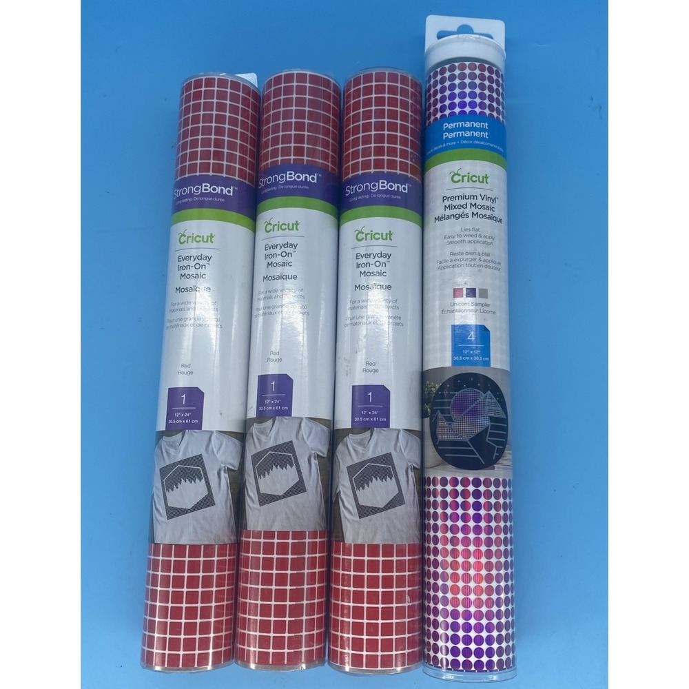 Cricut Vinyl Lot (New) 1 Mixed Mosaic Permanent Unicorn & 3 Everyday Iron On Red